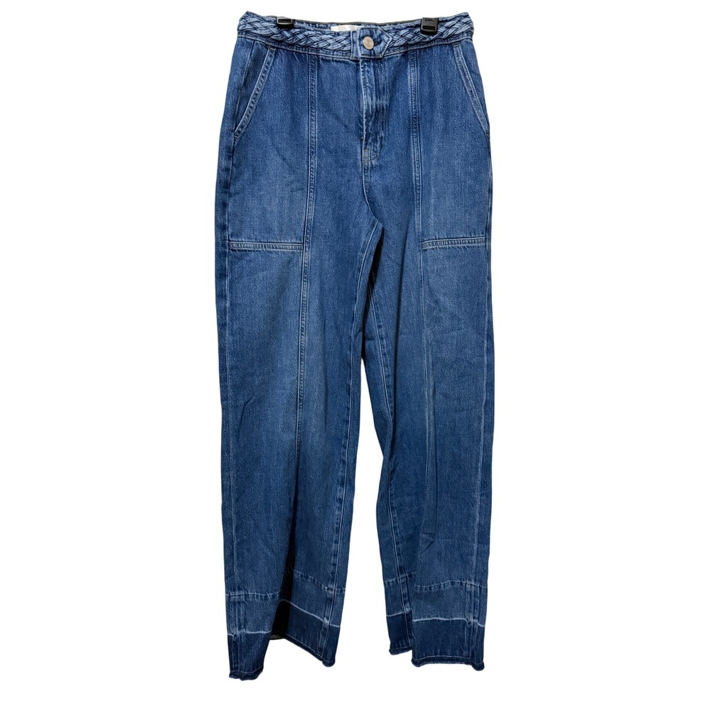FRAME Denim Wide Leg‎ Jeans Blue Braided Belt Frayed Hem Patchwork Womens - Picture 2 of 6